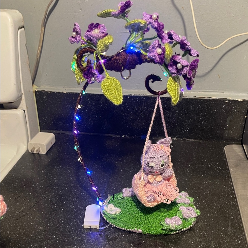 Crochet Cat Swing Decor with LED Lights